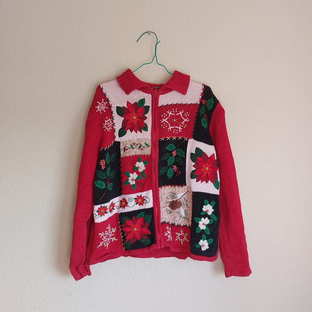 Tiara International Ugly Christmas Cardigan  Medium Red Sweater Embroidery